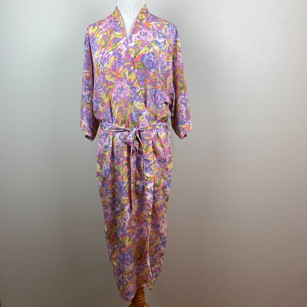 The Lingerie Collection Robe Large Purple Multicolor Floral‎ 3/4 Kimono Sleeve